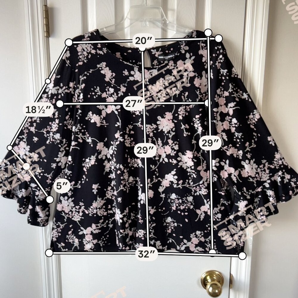 NWT Karl Lagerfeld 3X Black Floral Tunic Asymmetrical 3/4 Bell Ruffle Sleeve NEW - Picture 2 of 6
